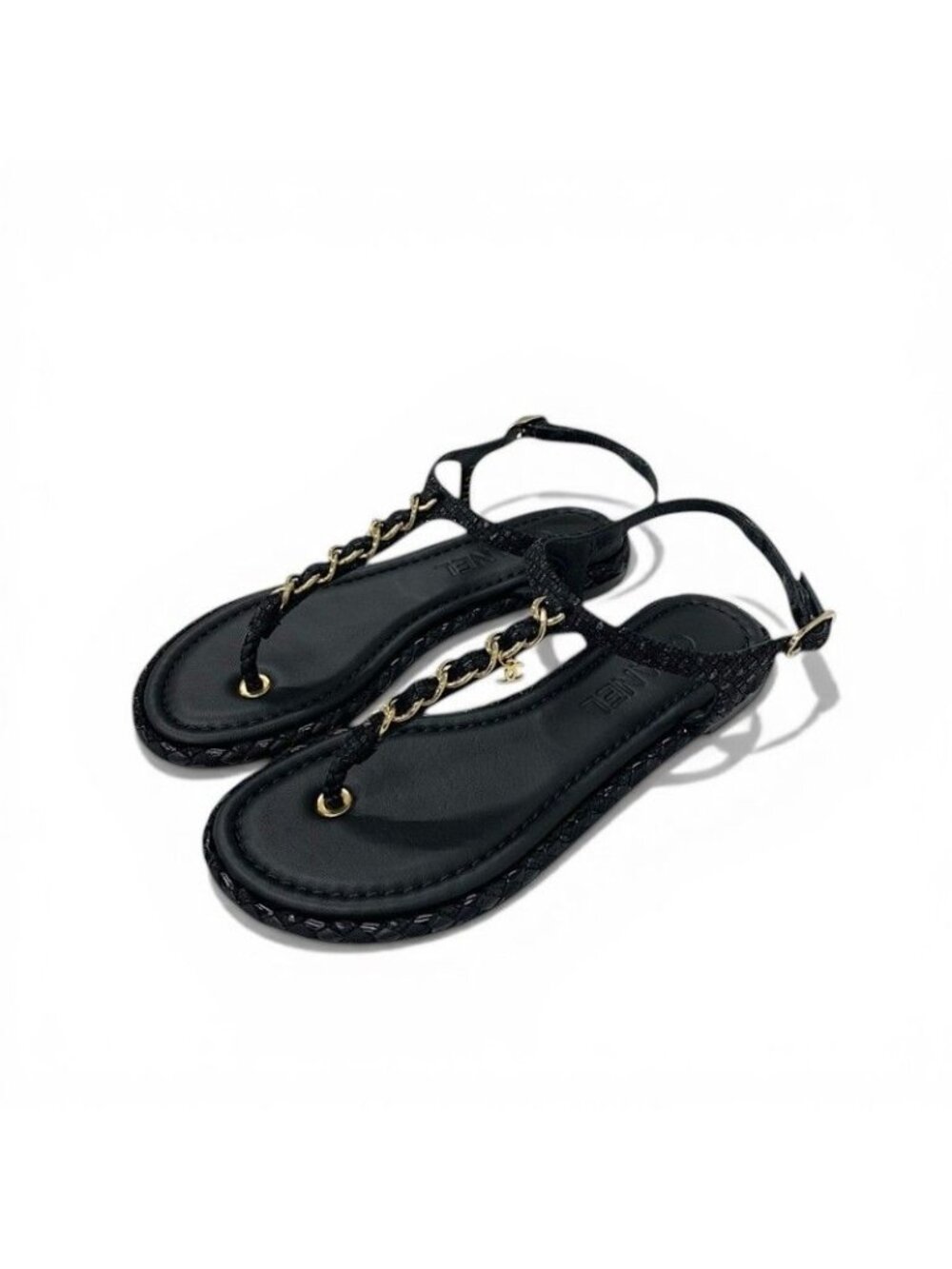 Chanel Sandals Shoes Leather Tweed Black Gold CC Logo Chain Strap Thong